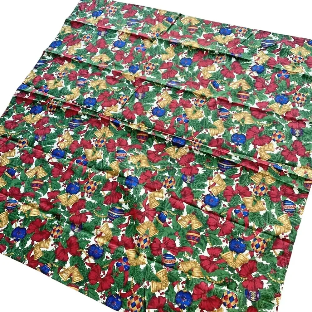 Vintage Christmas Holiday Tablecloth NWOT Colorful 1980's Square Red Gold Blue